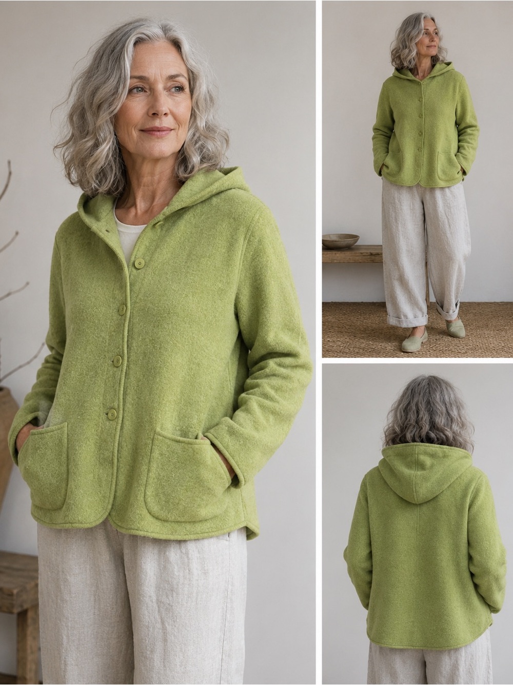 Eileen Fisher Hooded Boiled Wool Jacket Green Large Minimalist